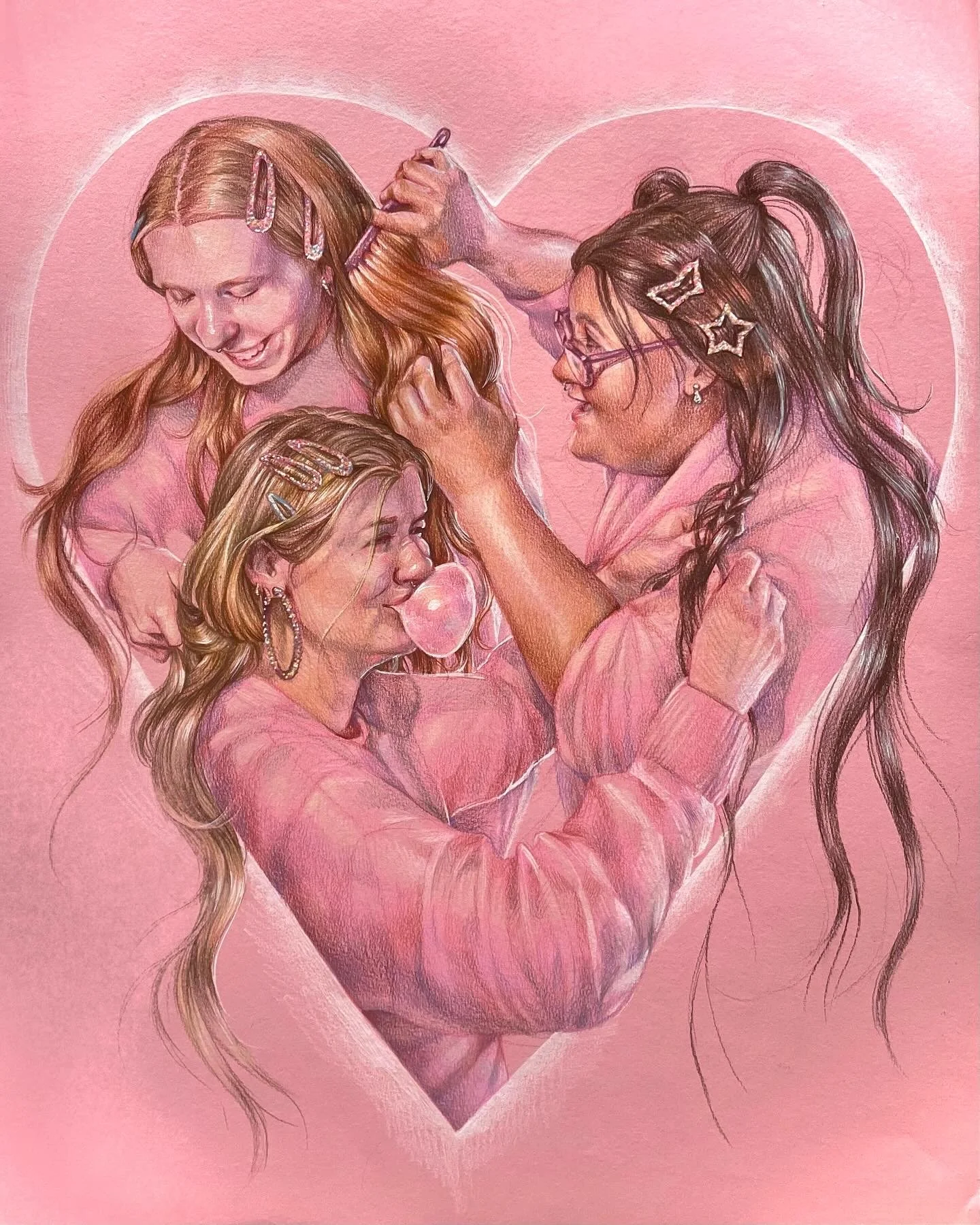 A digital drawing of three women with long hair on a pink background, one with glasses, hairclips, and heart-shaped earrings, singing and blowing bubblegum. The women are depicted within a heart outline.