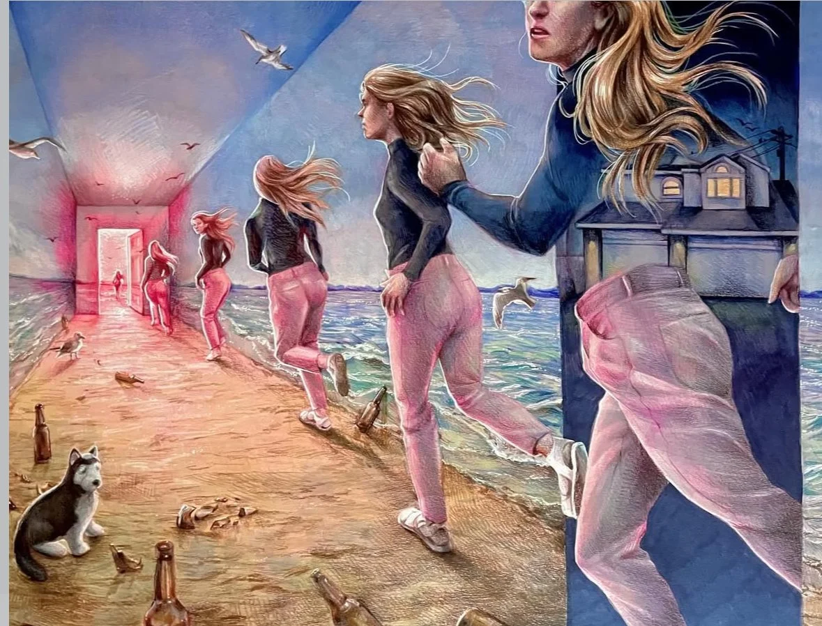 A surreal painting of multiple women walking along a wooden pier by the ocean, with each woman holding onto the shoulder of the one in front. The women have long, flowing hair and are dressed in casual clothing. Seagulls are flying overhead, and ther