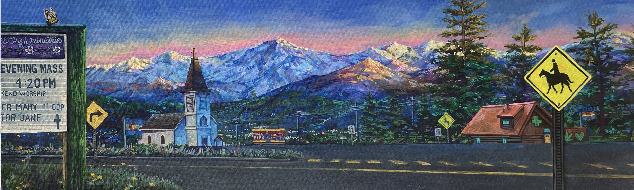 A colorful landscape painting of a mountain town with snow-capped peaks in the background, a church, trees, and various road signs, including a horse crossing sign, with a sky transitioning from pink to blue.