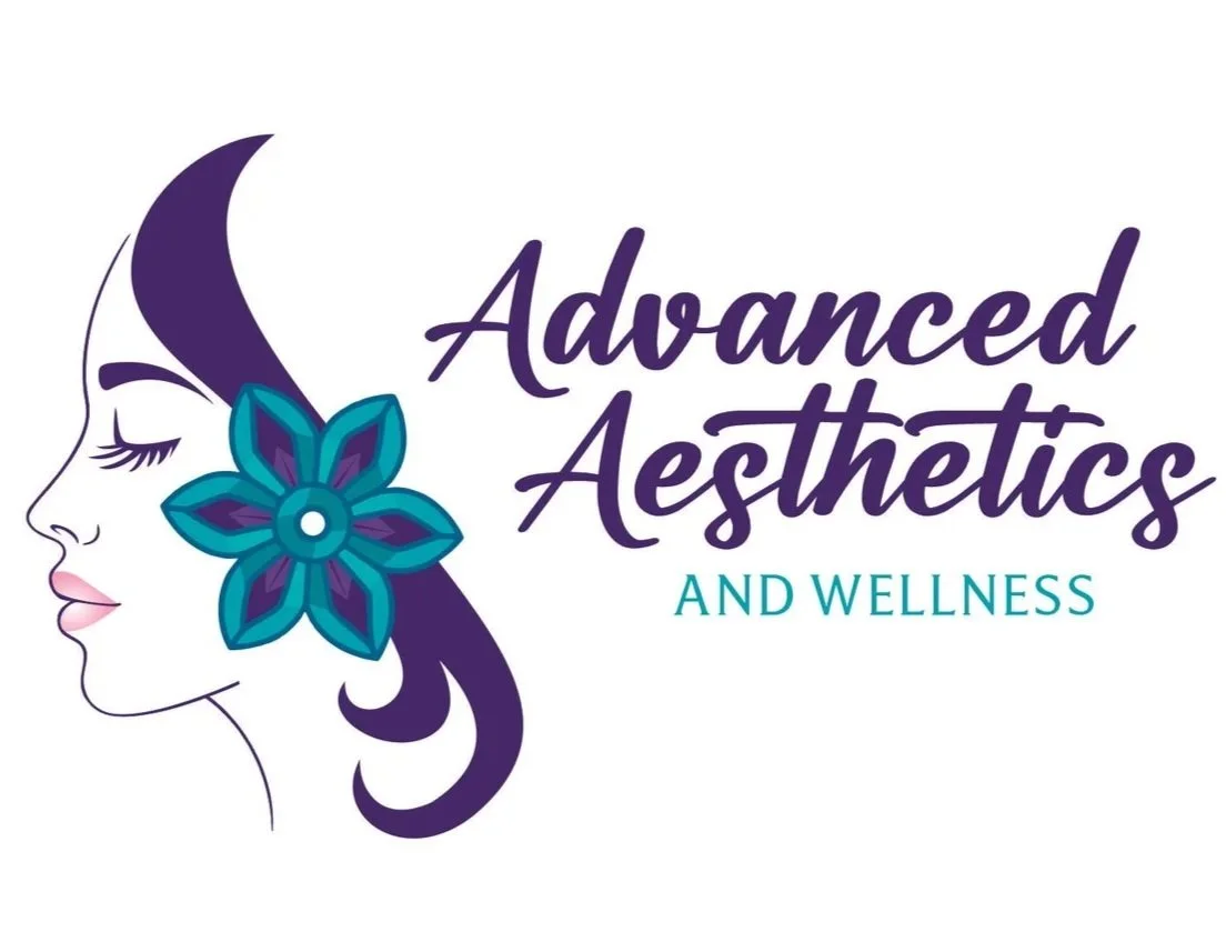 Logo for Advanced Aesthetics and Wellness featuring a profile of a woman's face with closed eyes, a large purple flower in her hair, and the business name in purple and teal text.