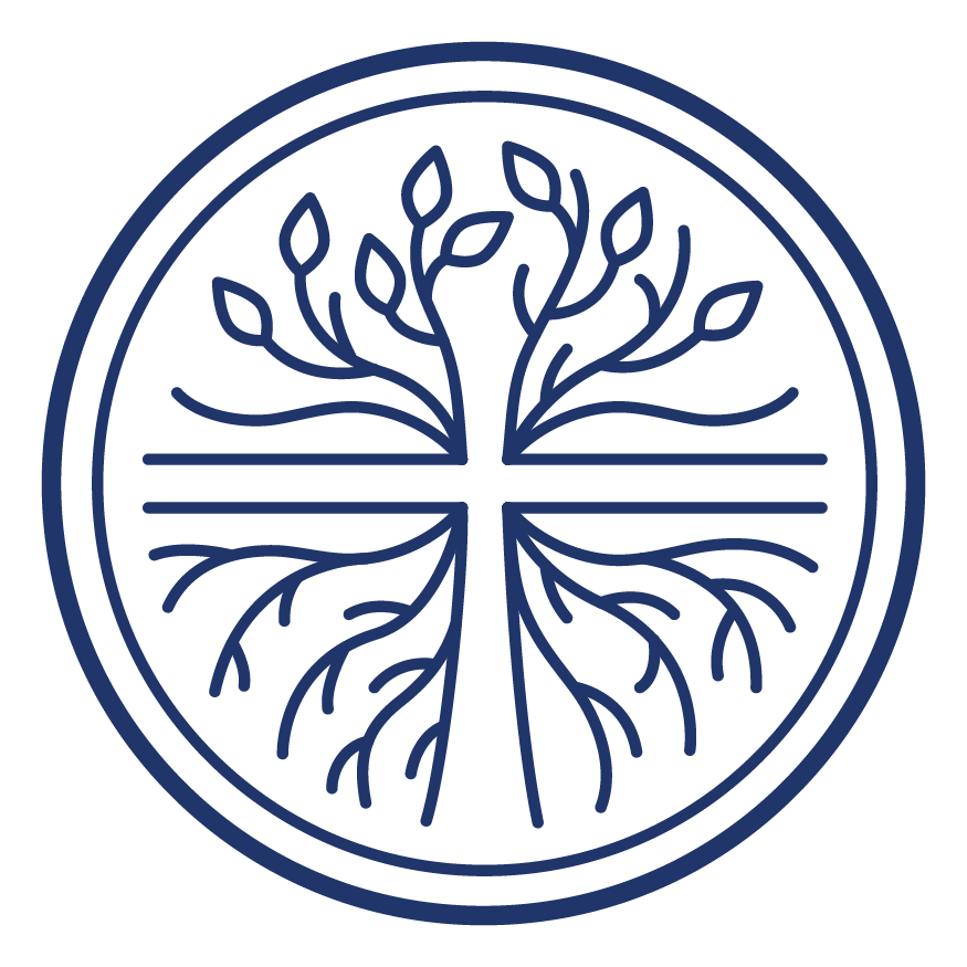 A circular logo featuring a stylized tree with branches and roots, divided by two horizontal lines, all outlined in dark blue.