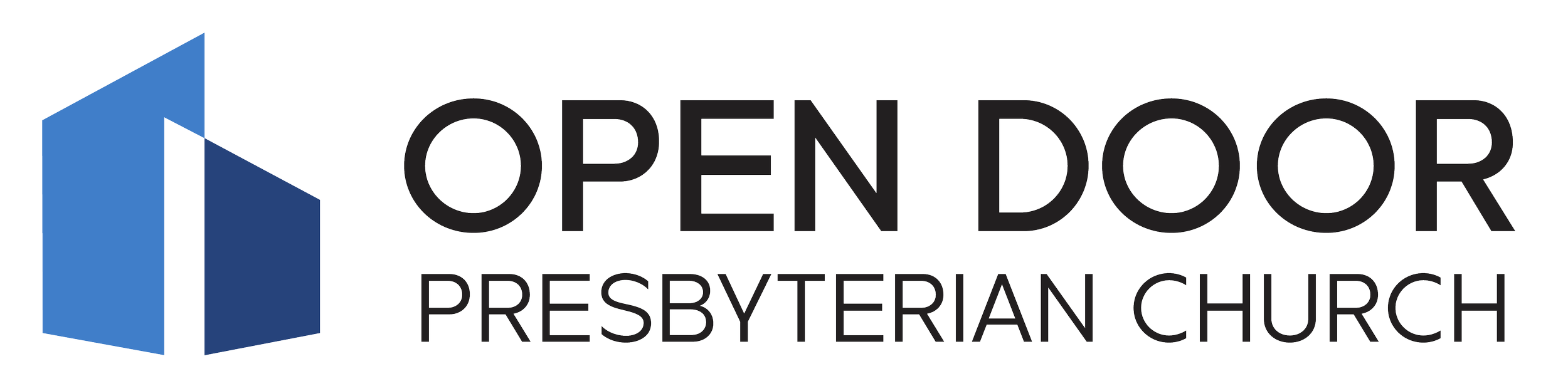 Logo of Open Door Presbyterian Church with a stylized blue door icon and black text