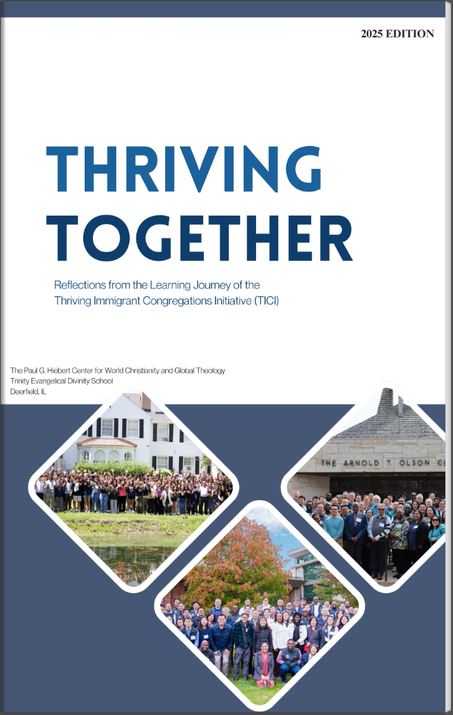 Cover of a book titled 'Thriving Together' with photos of diverse groups of people outdoors and in front of buildings.