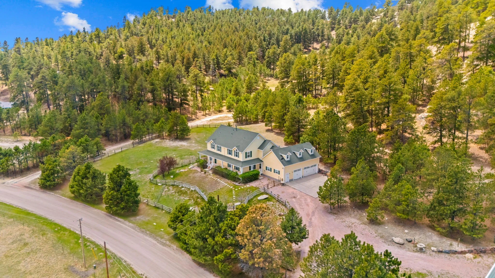 aerial drone image of 16540 Mesquite Rd, Peyton, CO 80831 showing hills surrounding the property - Peyton, CO home for sale
