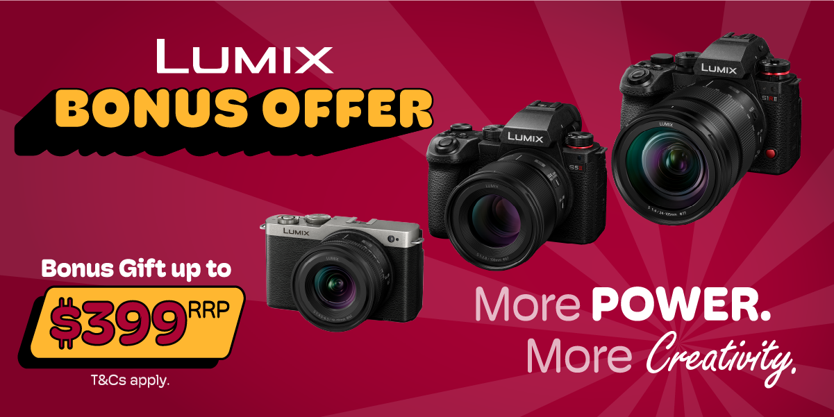 A promotional image advertising Lumix cameras with a bonus gift offer. The image features three different Lumix camera models against a red and pink burst background. Text highlights include 'Bonus Offer,' 'Bonus Gift up to $399 RRP,' and phrases lik