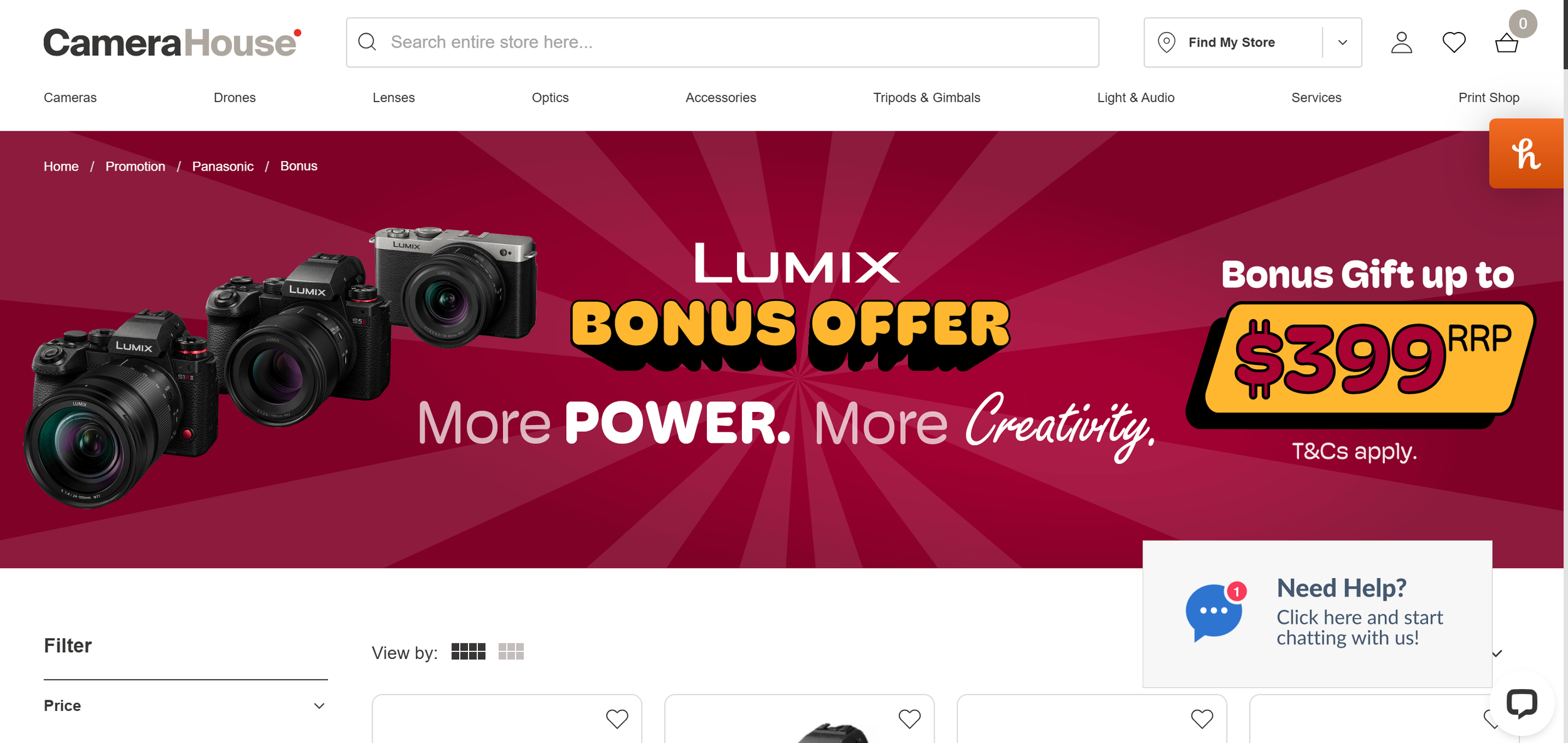 Banner advertisement for Lumix cameras with a bonus offer of up to $399 RRP. Features images of three Lumix cameras on a red background with a burst pattern.