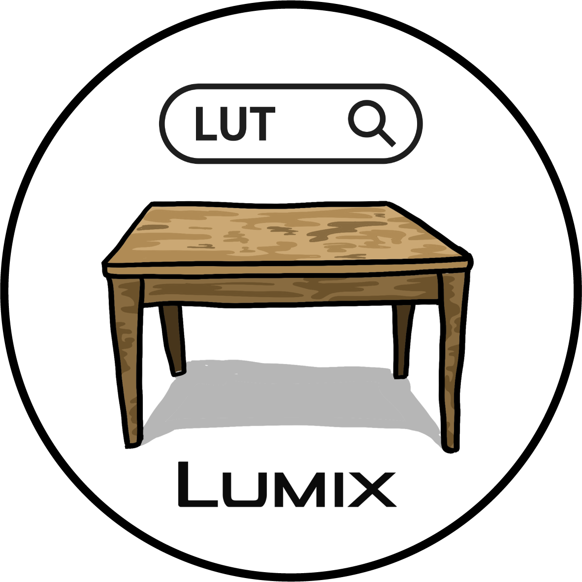 A digital illustration of a wooden table with a search bar labeled 'LUT' above it and the word 'LUMIX' below it.