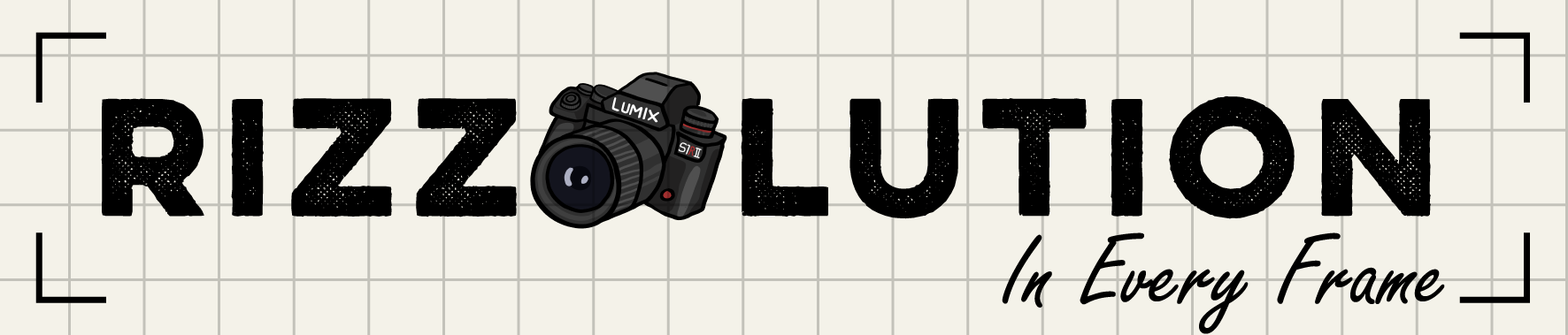 Logo with the words "RIZZOLUTION In Every Frame" and an illustration of a camera in the center.
