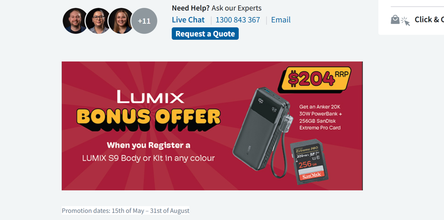 Advertisement for Lumix bonus offer featuring a red background with rays, showing a Lumix camera, a 256GB SanDisk Extreme Pro Card, and a power bank with a price of $204. The promotion is valid from May 15 to August 31.
