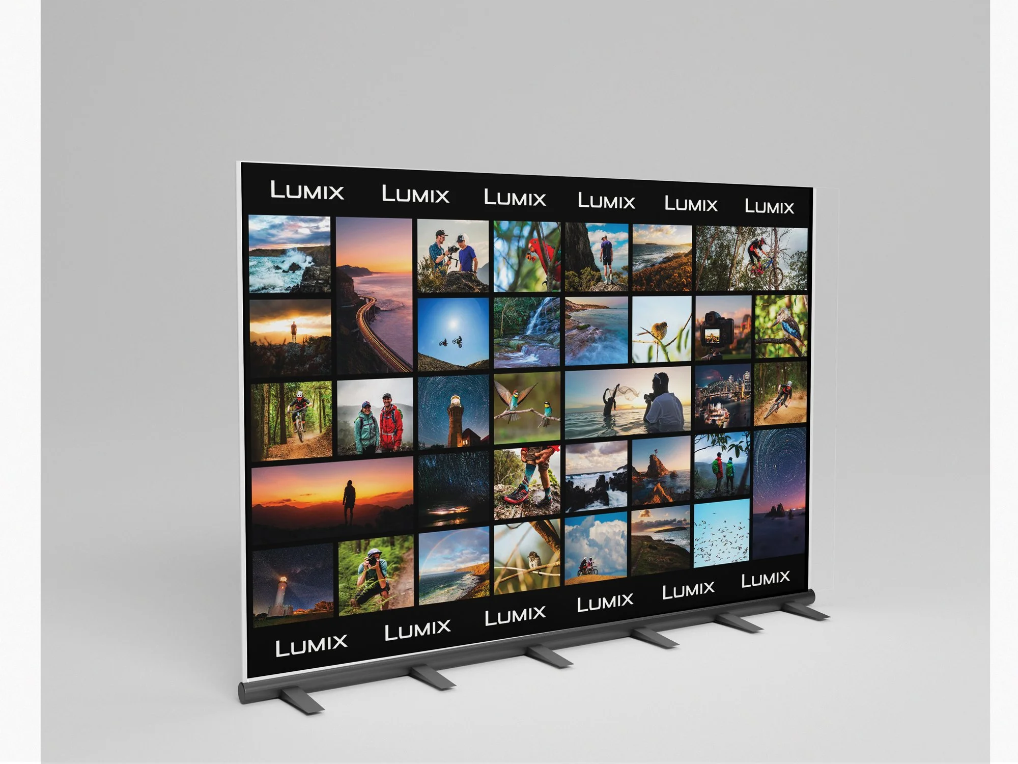 A collapsible display screen showing a collage of various nature and outdoor photographs, with the brand name 'LUMIX' repeated at the top and bottom of the display.
