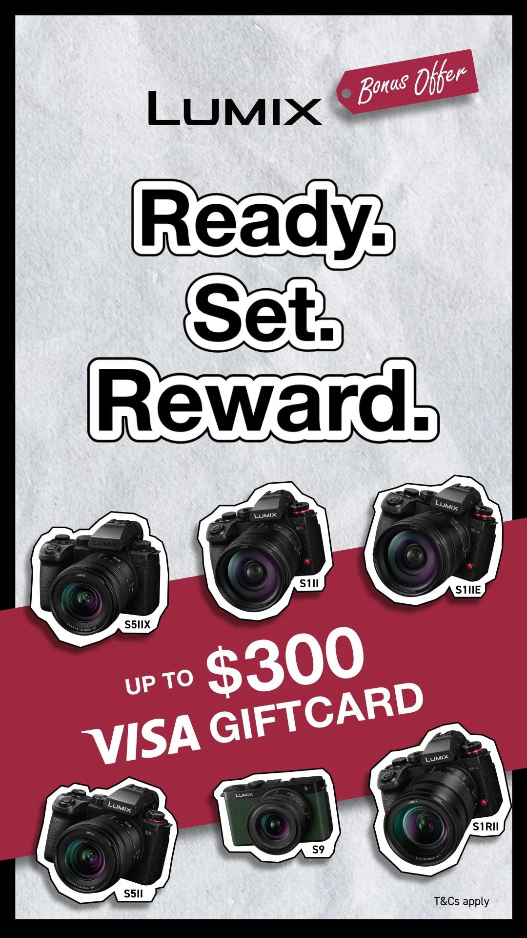 A promotional poster for Lumix cameras with a bonus offer. The poster features images of several Lumix camera models, including S5IIX, S5II, S1IIE, S1II, S5II, S9, and S1RII. It states that customers can get up to a $300 Visa gift card with purchase.