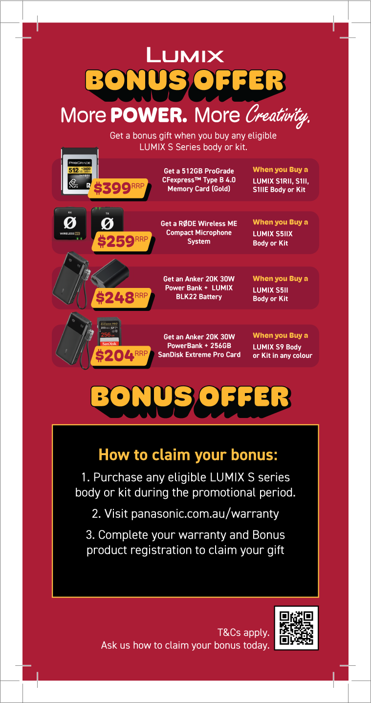Promotional flyer for LUMIX bonus offer, listing discounted prices on electronics and accessories, and instructions for claiming the bonus.