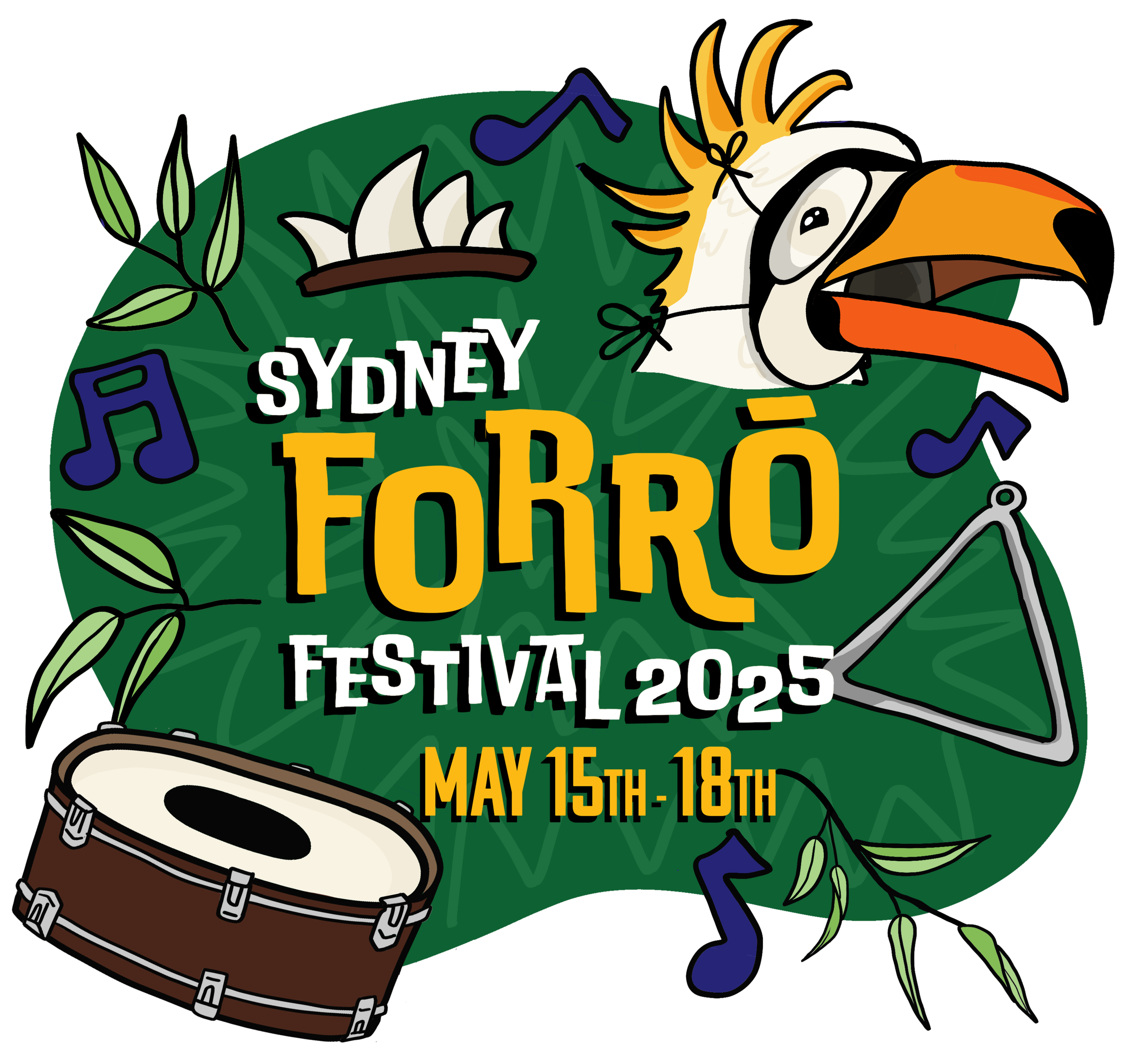 Illustration promoting the Sydney Forró Festival 2025, happening from May 15-18, with a parrot wearing glasses and a feather, musical notes, leaves, a drum, and a triangular dance frame.