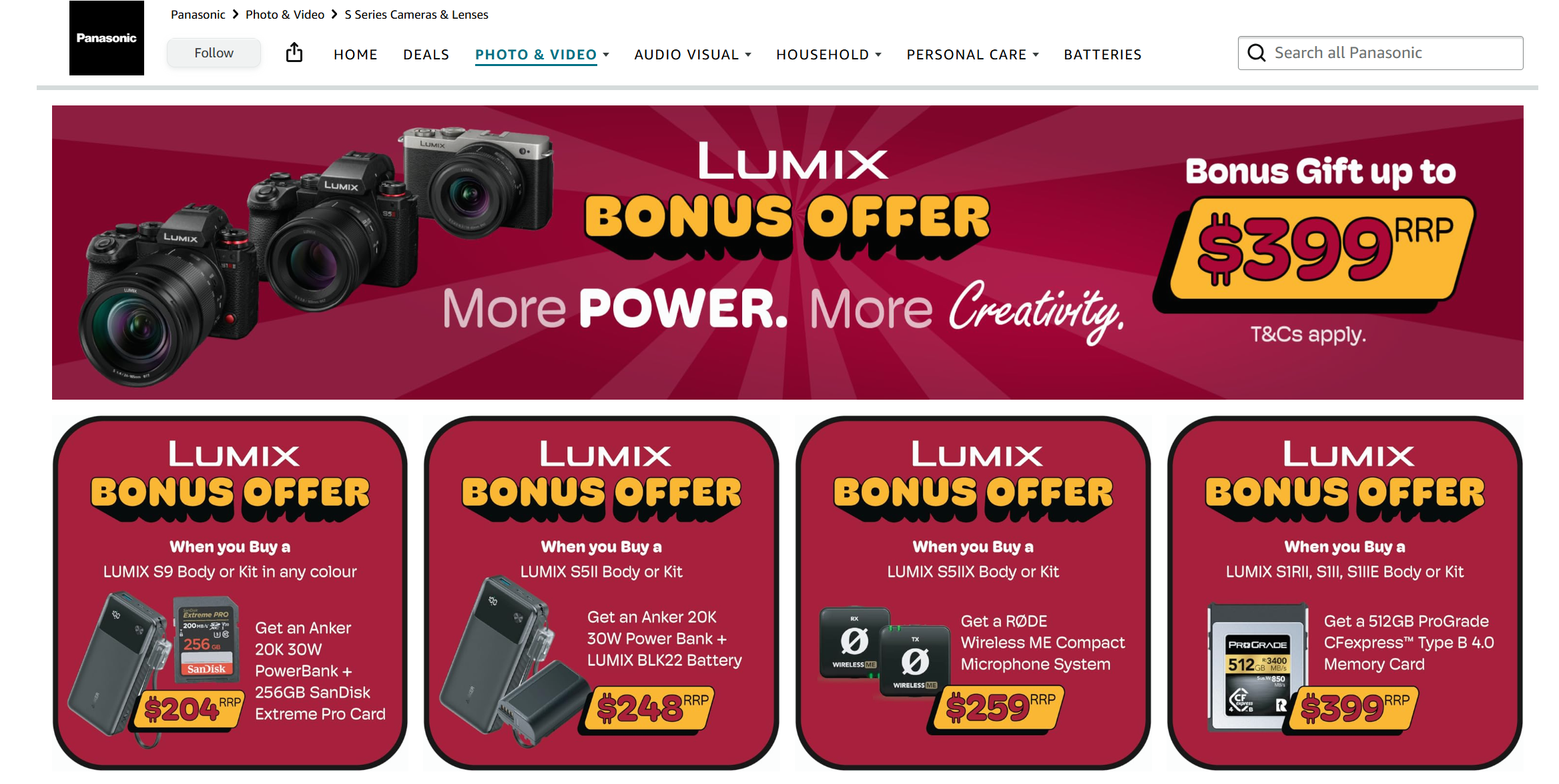 Panasonic promotional banner advertising bonus offers on Lumix cameras and accessories, including discounts on specific camera models and bundle accessories, with promotional prices and terms.