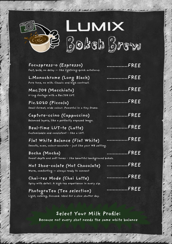 A black chalkboard menu for Lumix Bokeh Brew listing various coffee drinks, all marked free, including espresso, long black, macchiato, piccolo, cappuccino, latte, flat white, mocha, hot chocolate, chai latte, and tea. The menu features a green secti