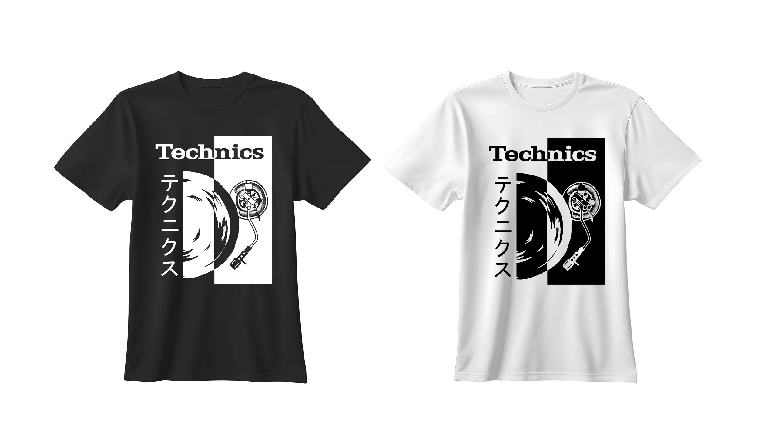 Black and white graphic t-shirts featuring turntables, Japanese characters, and the word 'Technics' in bold, with the graphic split into halves on each shirt.