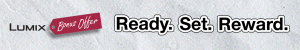 Lumix camera banner with the slogan 'Ready. Set. Reward.'