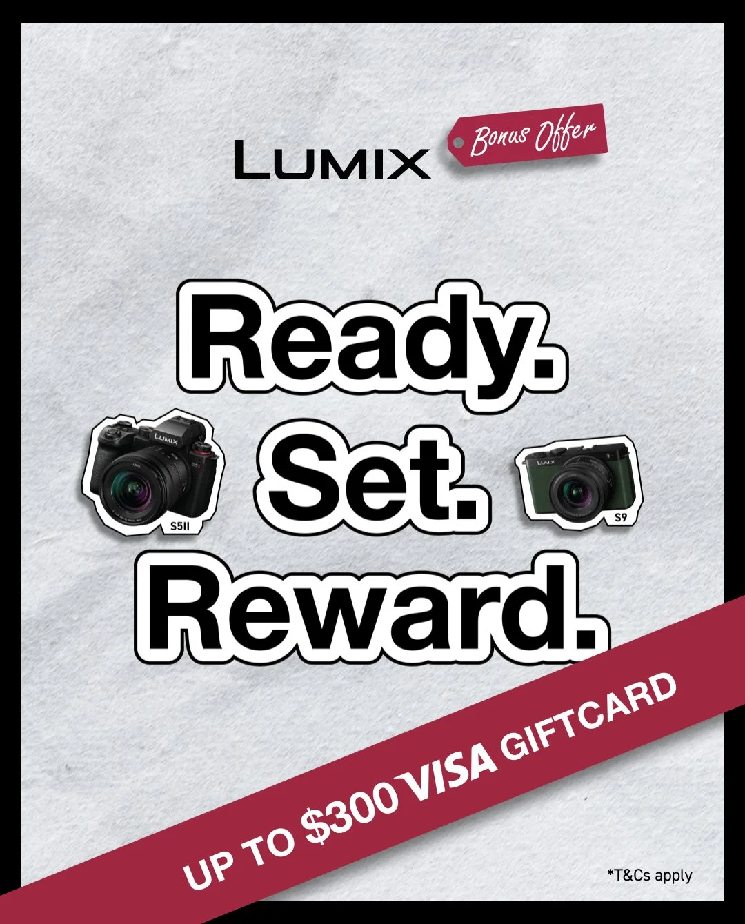 LUMIX promotional flyer featuring a bonus offer of up to $300 Visa gift card for purchasing a Lumix camera, with images of two camera models, the S5II and S9.
