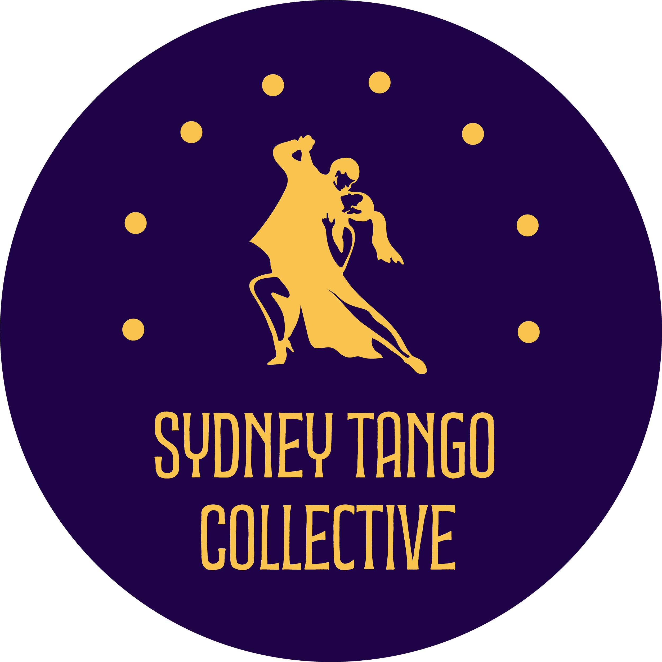 A logo for the Sydney Tango Collective featuring a gold silhouette of a dancing couple on a navy background with gold dots around them and the text 'SYDNEY TANGO COLLECTIVE' below.