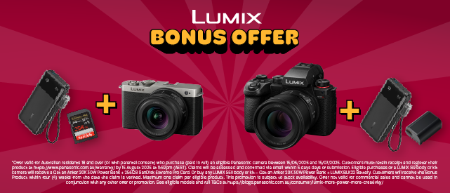 Promotional image advertising a LUMIX camera bonus offer, featuring a compact camera, a black DSLR camera, a memory card, and a camera battery with charger on a red background.