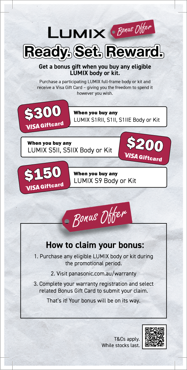 A promotional flyer for Lumix cameras advertising a bonus offer. Customers who buy select Lumix camera bodies or kits can receive Visa gift cards worth $150, $200, or $300. Instructions are provided on how to claim the bonus, including visiting a web