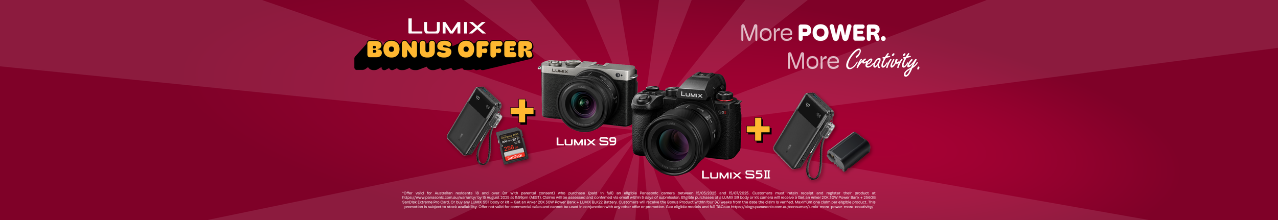 Advertisement for Lumix cameras with bonus offers, featuring Lumix S9 and S5II models, with additional accessories.