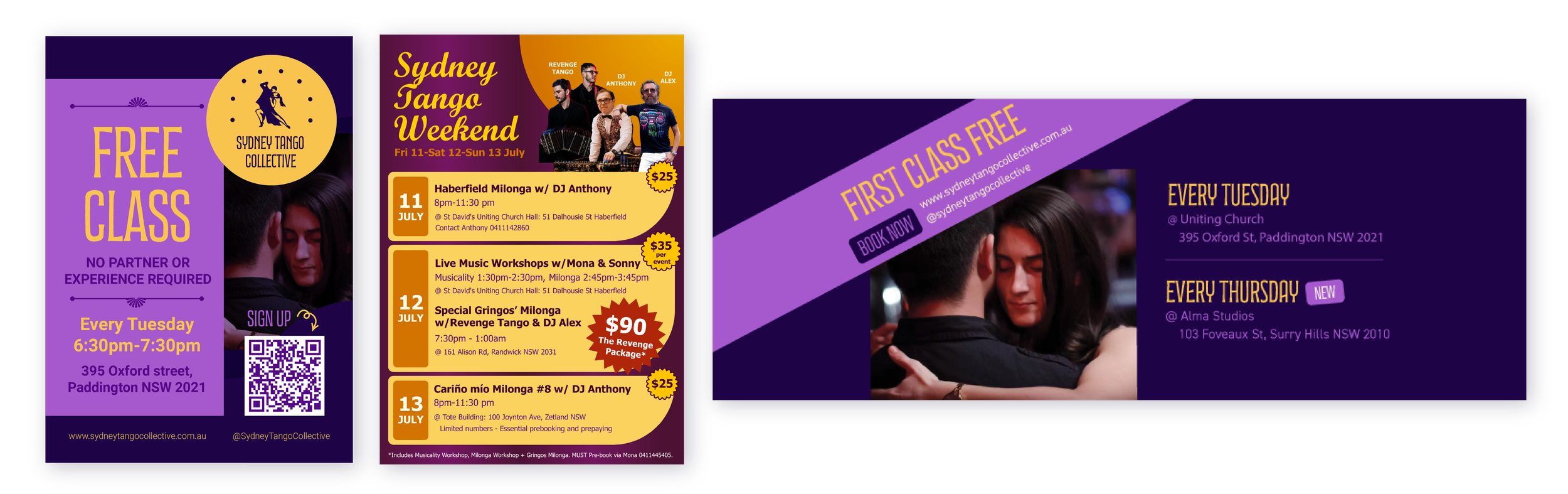 Flyer advertising free tango classes hosted by Sydney Tango Collective at various times and locations, featuring schedules from July 11 to July 13, with details about special events and contact information.