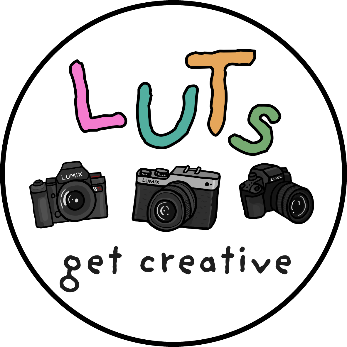 Colorful hand-drawn logo with text 'LUTS' above three different camera illustrations, and 'get creative' written below.