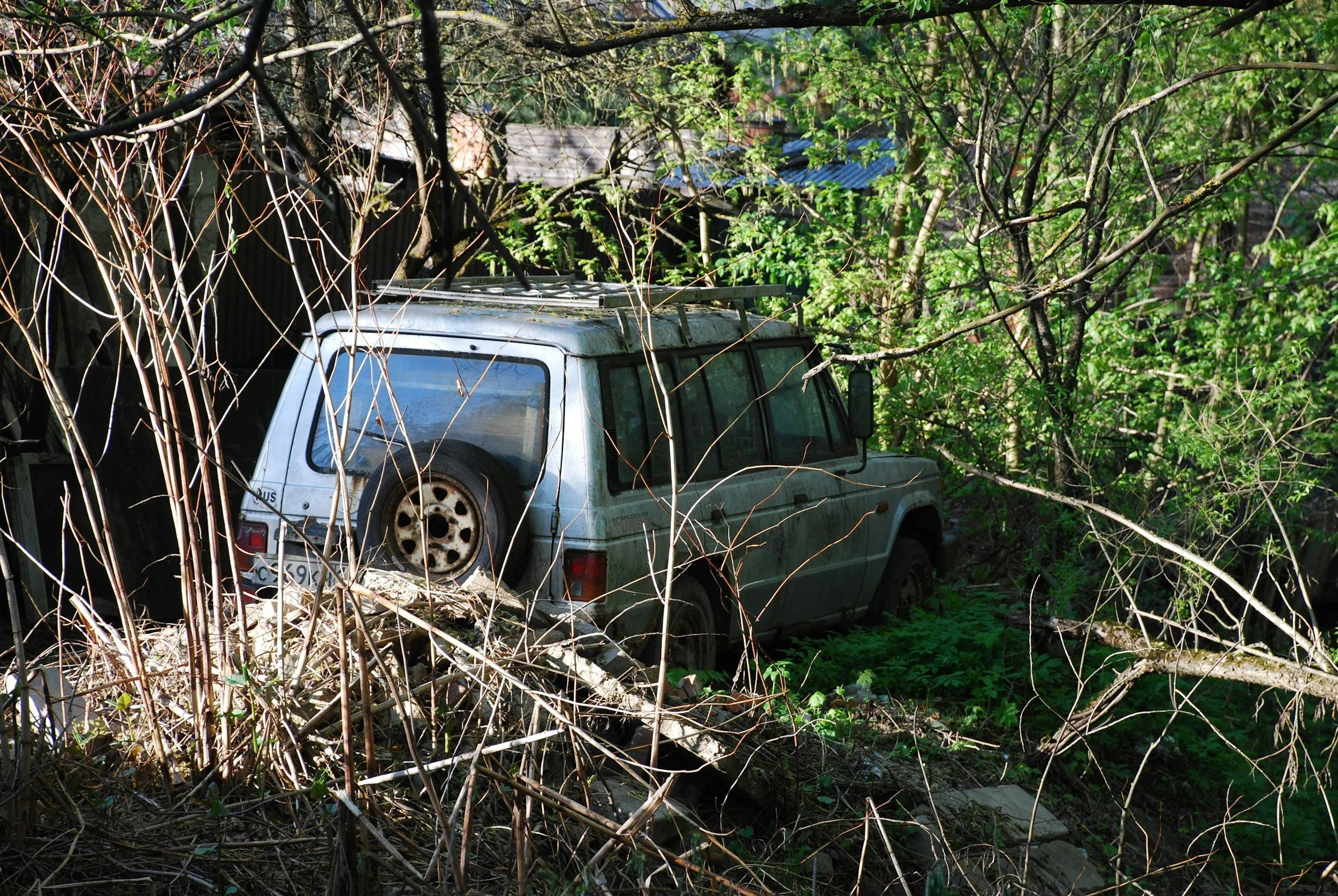 An old, abandoned white SUV partially covered in weeds and surrounded by leafless branches and overgrown vegetation in a neglected outdoor area.