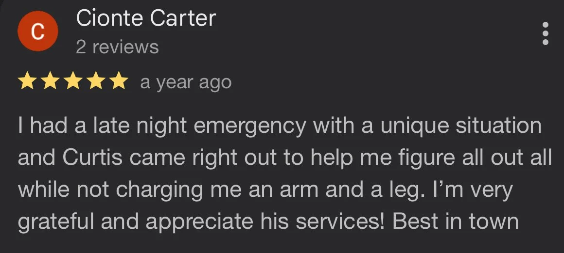 Screenshot of a Google reviews page for Cionte Carter, showing a five-star review from one year ago praising Curtis for medical assistance during a late night emergency without charging for an arm and a leg.