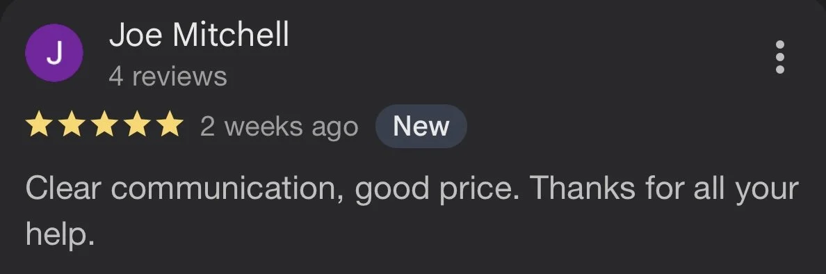 Google review by Joe Mitchell with five stars for clear communication and good price.