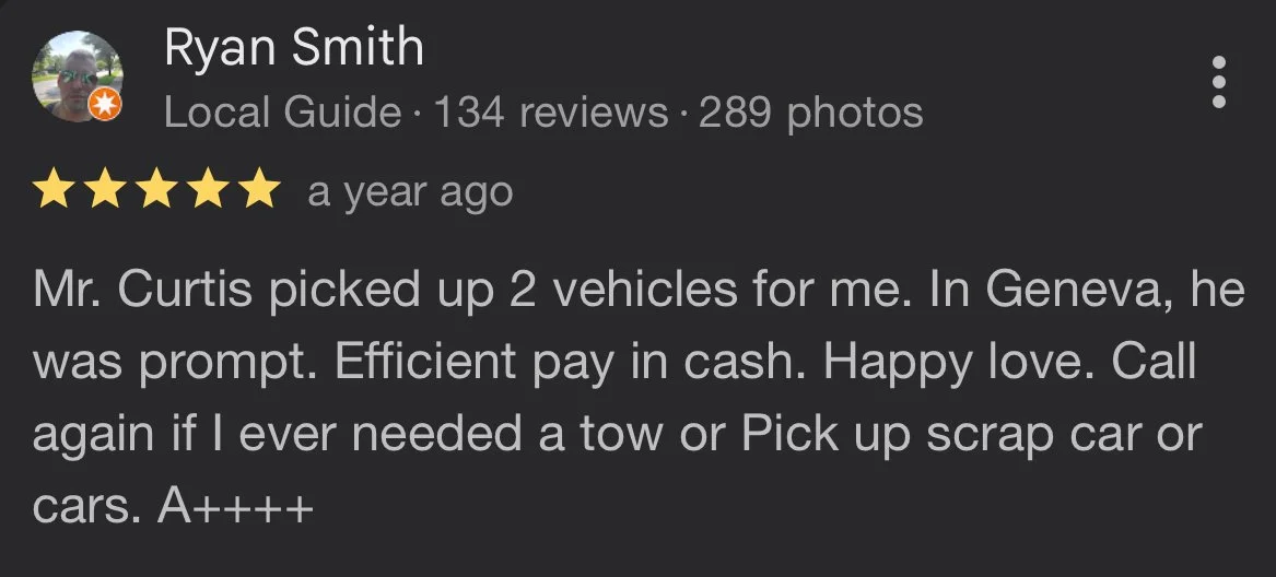 Screenshot of a Google review by Ryan Smith for a local guide, giving 5 stars and describing positive experience with a tow service in Geneva, mentioning Prompt service, cash payment, and willingness to call again.