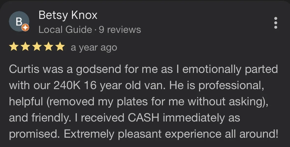 Screenshot of a Google review for a car service from Betsy Knox praising a technician named Curtis for his professionalism and helpfulness.