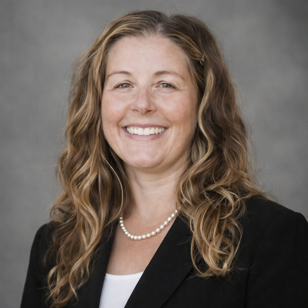 Professional woman with curly light brown hair, wearing a black blazer, white top, and a pearl necklace, smiling against a gray background.