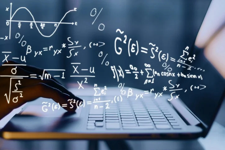 formulas overlaid across the screen, representing advanced mathematics, data analysis, and computational problem solving.