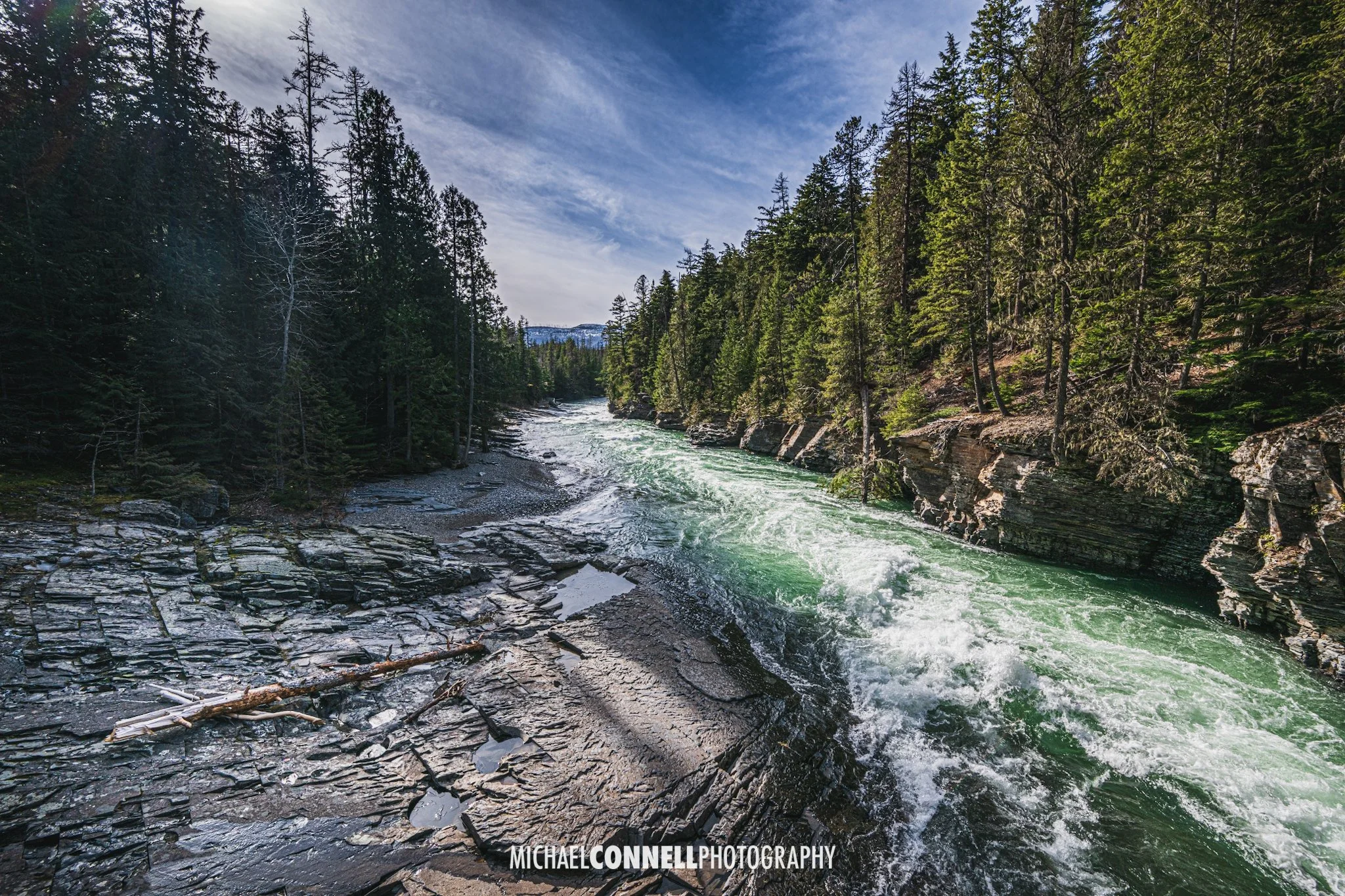 Rough river flowing through a forested canyon with trees on both sides under a partly cloudy blue sky.