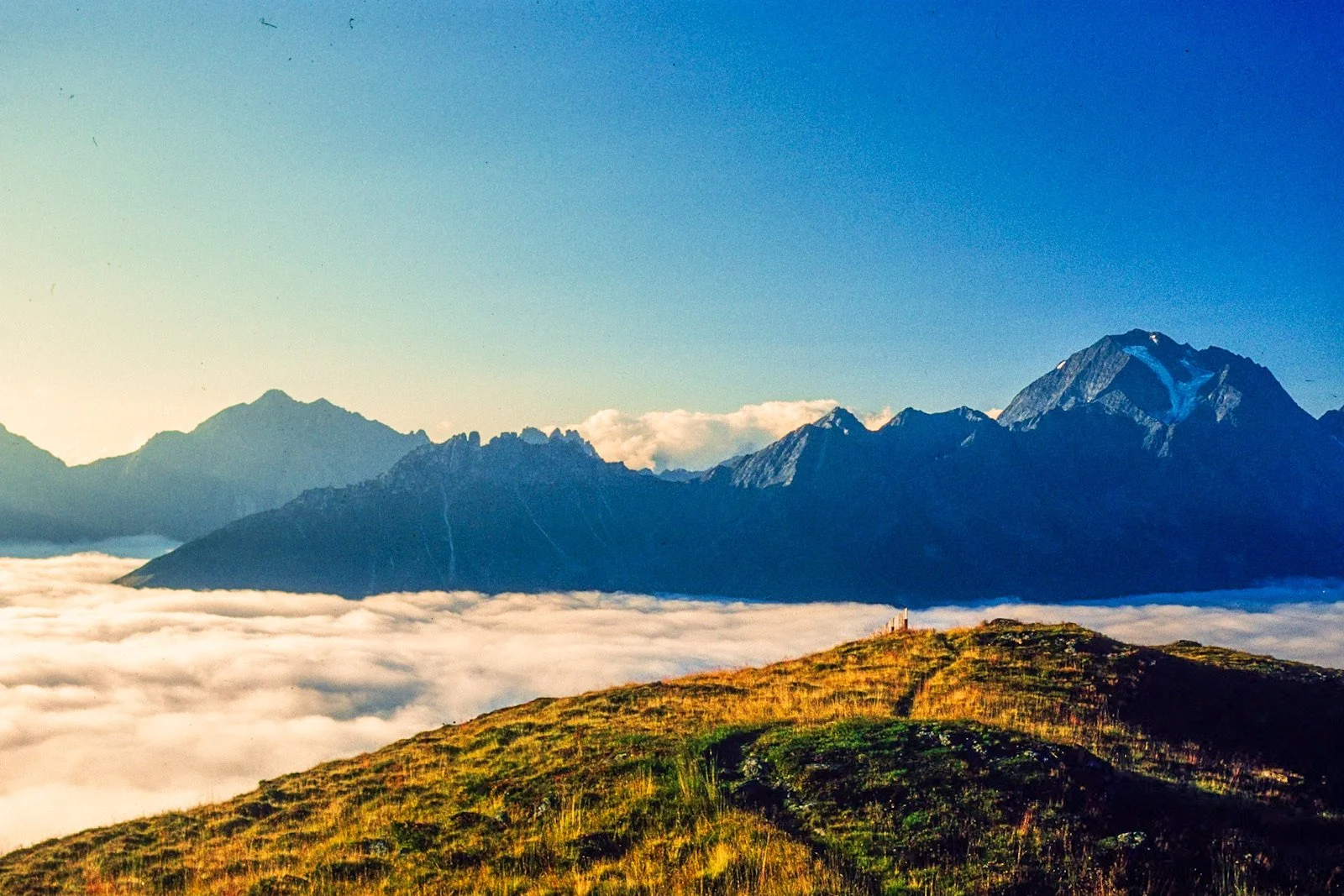 Scenic mountain view of the Austrian Tyrol with a grassy hill in the foreground, a sea of clouds, and tall rugged mountains in the background under a clear blue sky. Habicht is dominant.