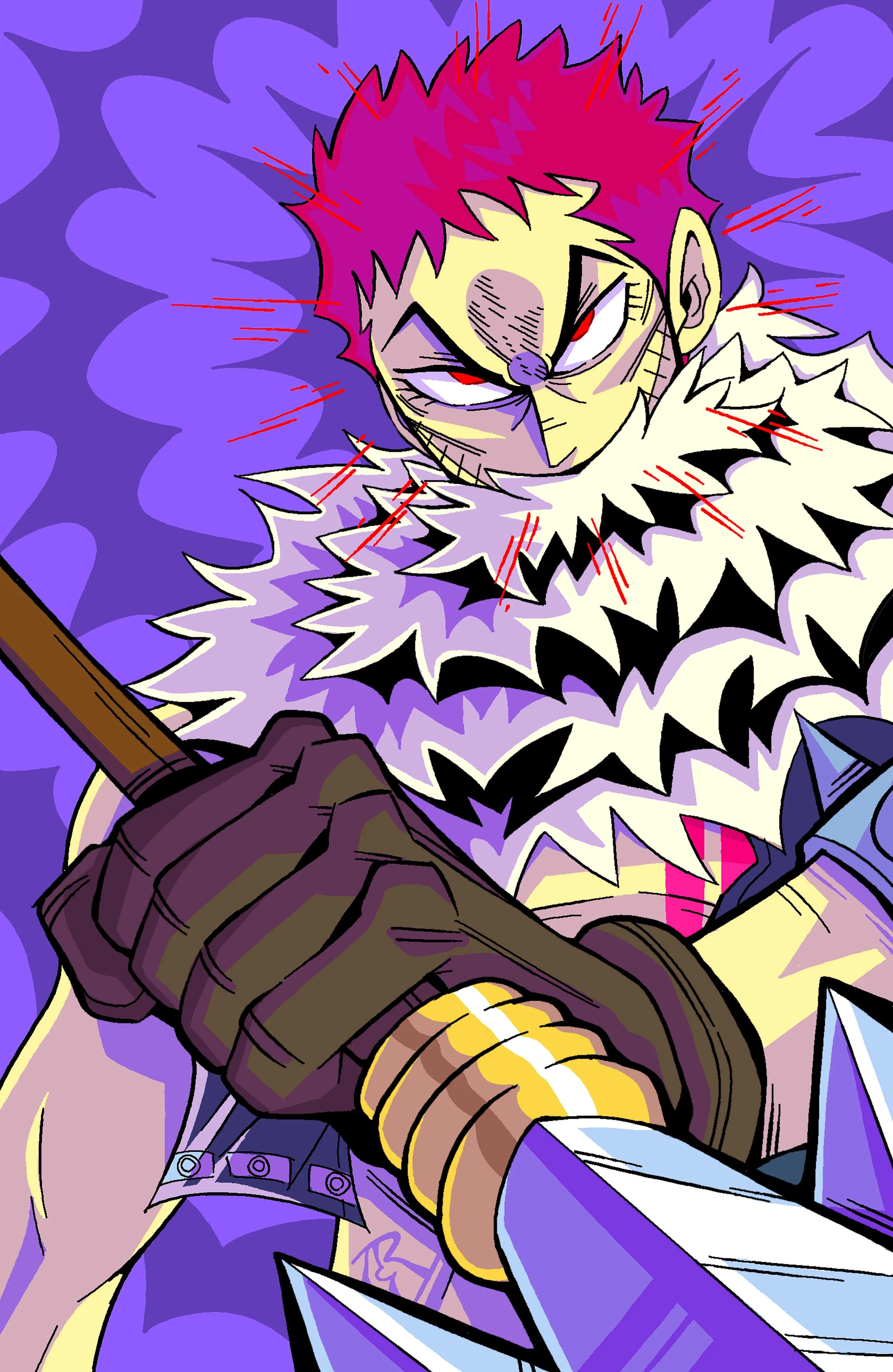 An animated character with pink hair, purple nose, red eyes, and a fierce expression, holding a spear, wearing a spiky fur collar and armored wristbands, with a purple background.