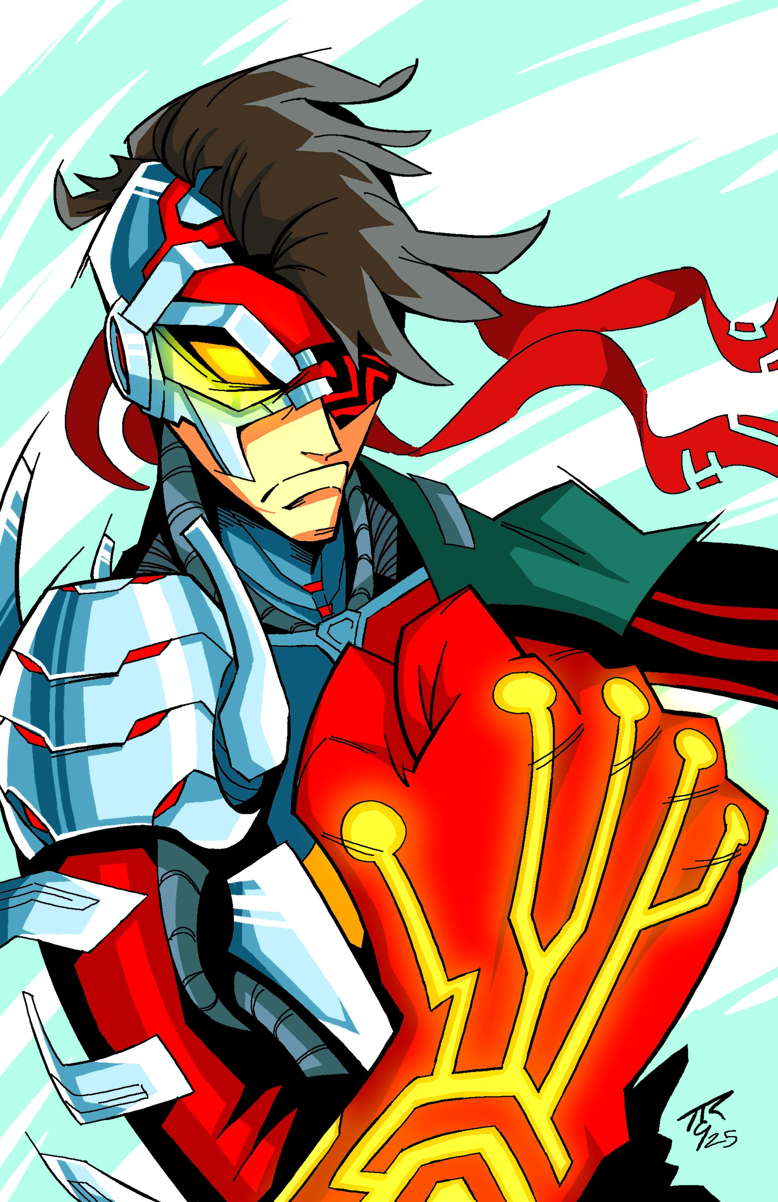 Digital illustration of a futuristic superhero with a robotic arm and a glowing fist, wearing armor and a mask, in an action pose.