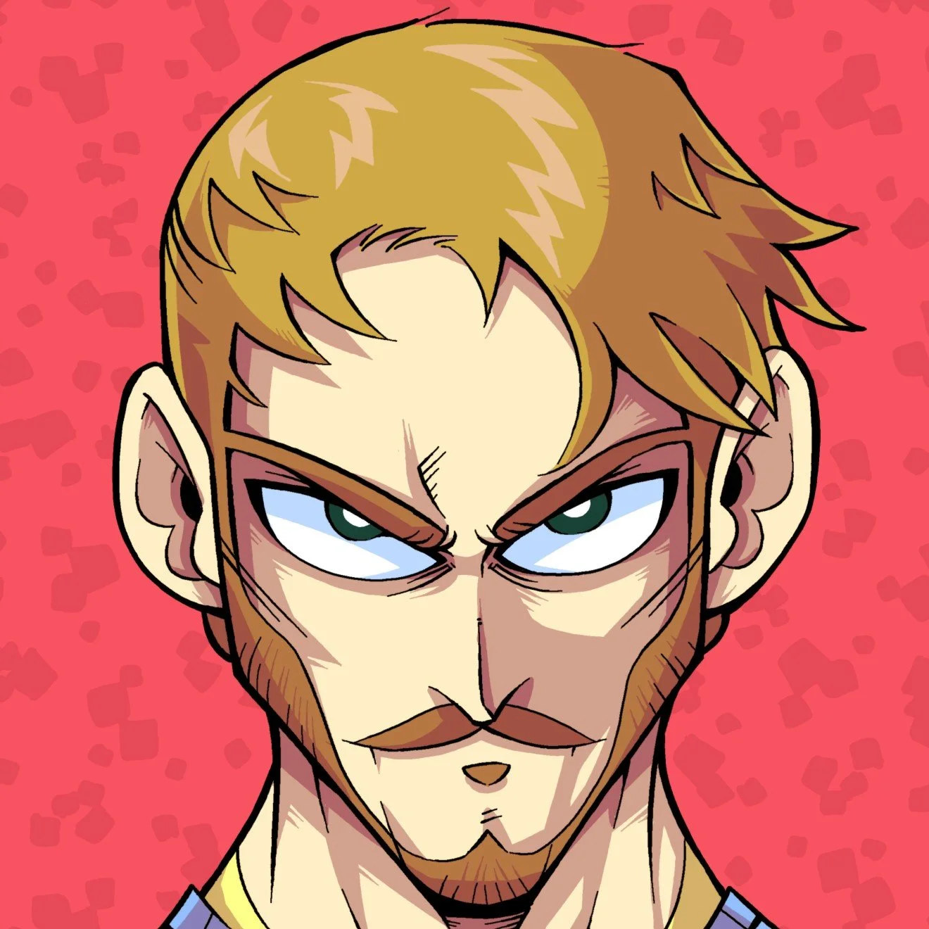 A cartoon-style illustration of a man with light brown hair, blue eyes, and a serious expression, set against a pink background with abstract shapes.