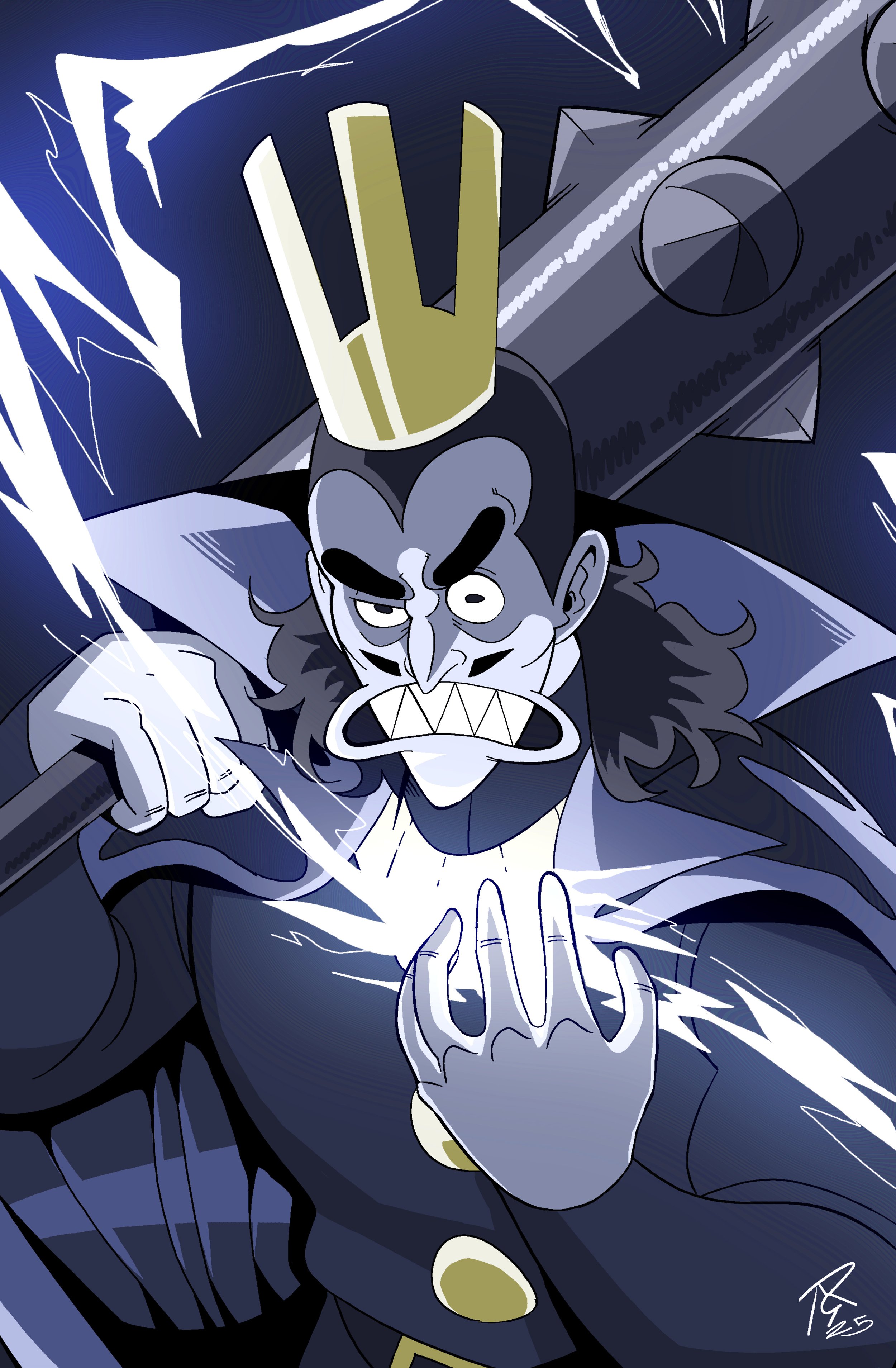 A comic-style drawing of a villainous character with a crown, long hair, and a large weapon, wielding lightning, in a dynamic and aggressive pose.