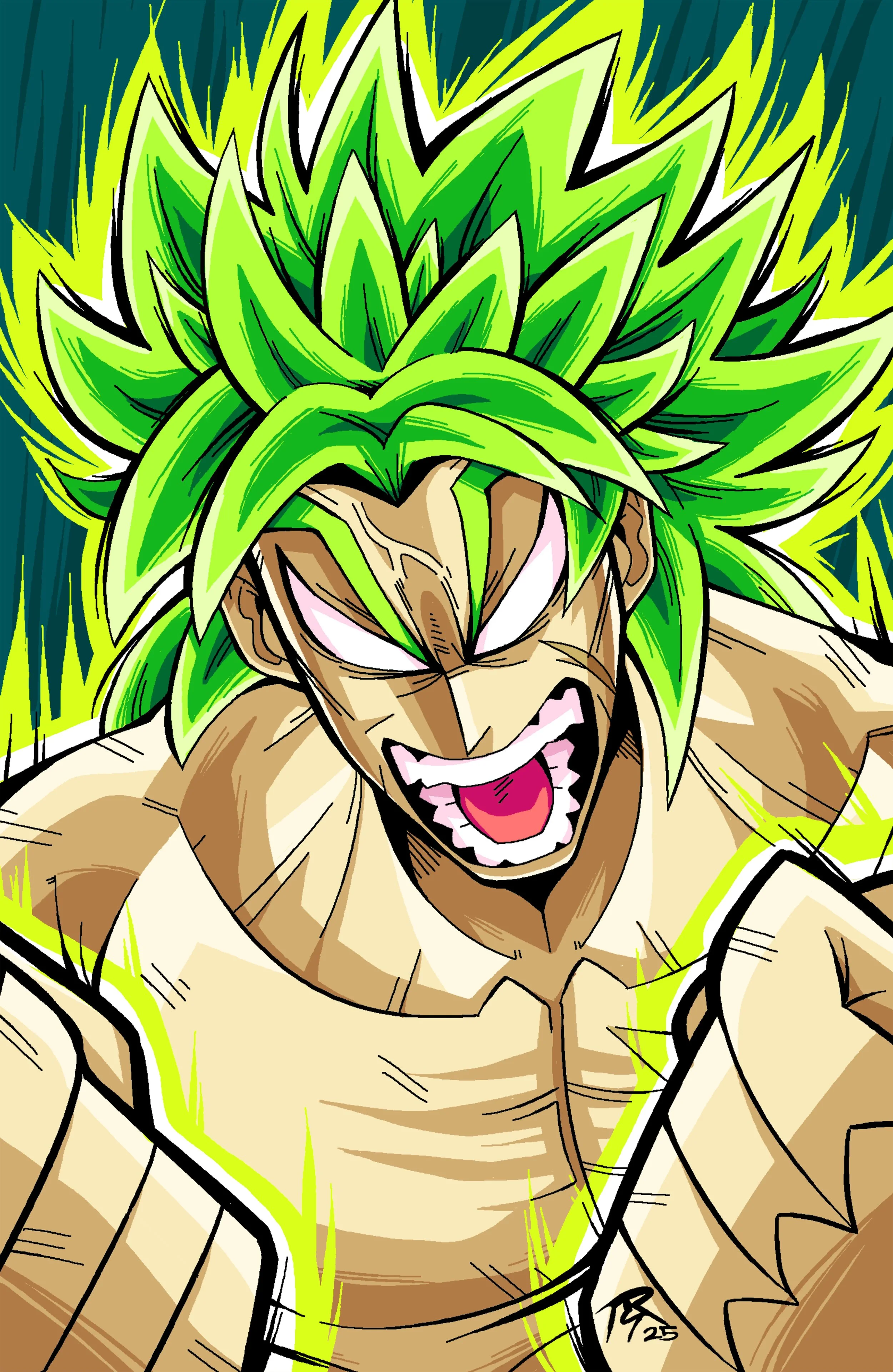 A fierce, muscular character with green spiky hair and glowing yellow accents, showing an angry expression and roaring.