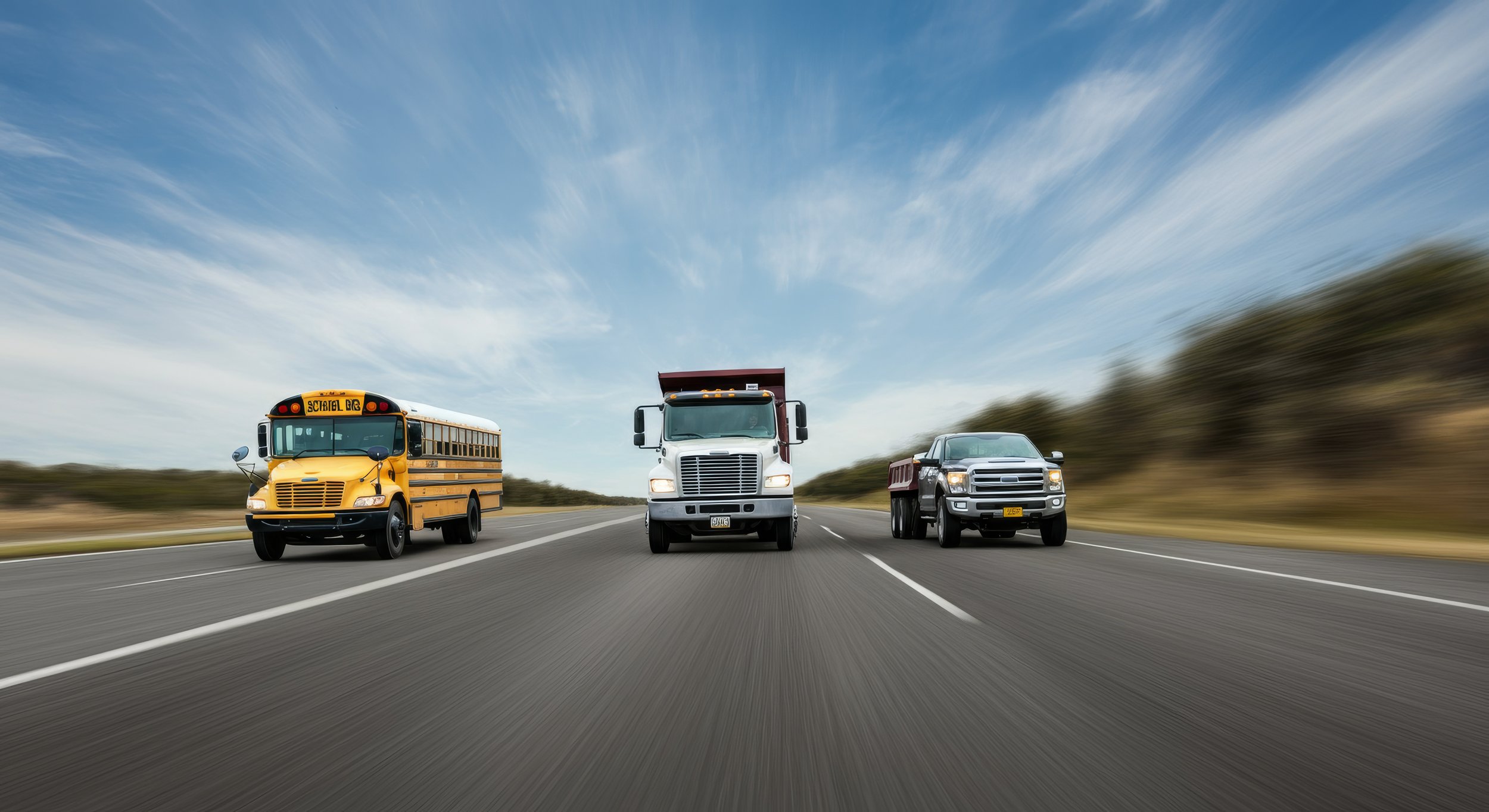 A front view of three vehicles traveling on a highway: a yellow school bus on the left, a white dump truck in the middle, and a gray pickup truck on the right, with a blue sky and blurred roadside scenery.