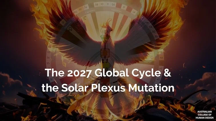 The words The 2027 Global Cycle and the Solar Plexus Mutation on top of a brown phoenix flying over a coloured wheel