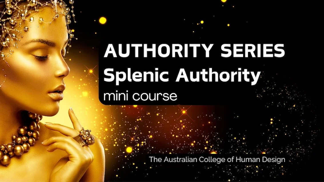 A woman covered in gold jewelry and makeup with a black background featuring golden sparkles and text promoting an online mini course titled 'Authority Series: Splenic Authority' by The Australian College of Human Design.