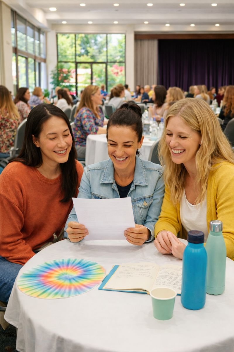 Women sitting at a round table, two of them smiling, with one holding a drawing, at the human design conference Australia.