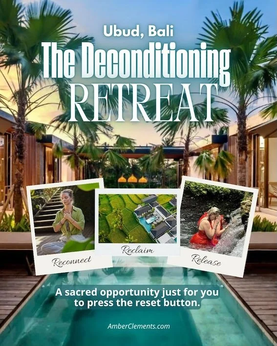 2026 Human design retreat in Ubud, Bali flyer featuring a tropical palm trees and a resort pool, with three Polaroid-style photos labeled 'Reconnect,' 'Reclaim,' and 'Release,' and a caption encouraging pressing the reset button.