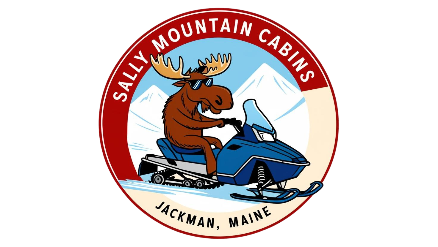 A circular logo for Sally Mountain Cabins in Jackman, Maine. It features a moose wearing sunglasses riding a snowmobile, with mountains in the background.