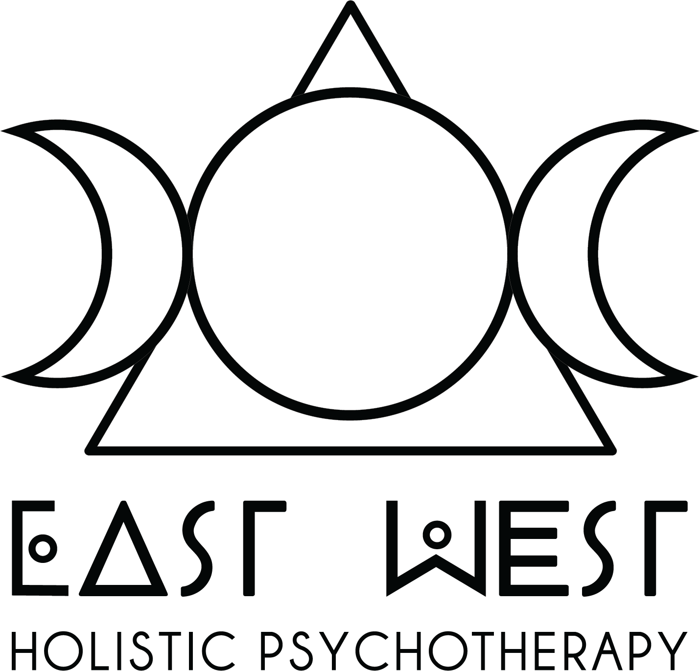 A logo featuring a large circle in the center with a triangle behind it and crescent moons on each side, with the text 'EAST WEST' and 'HOLISTIC PSYCHOTHERAPY' below.