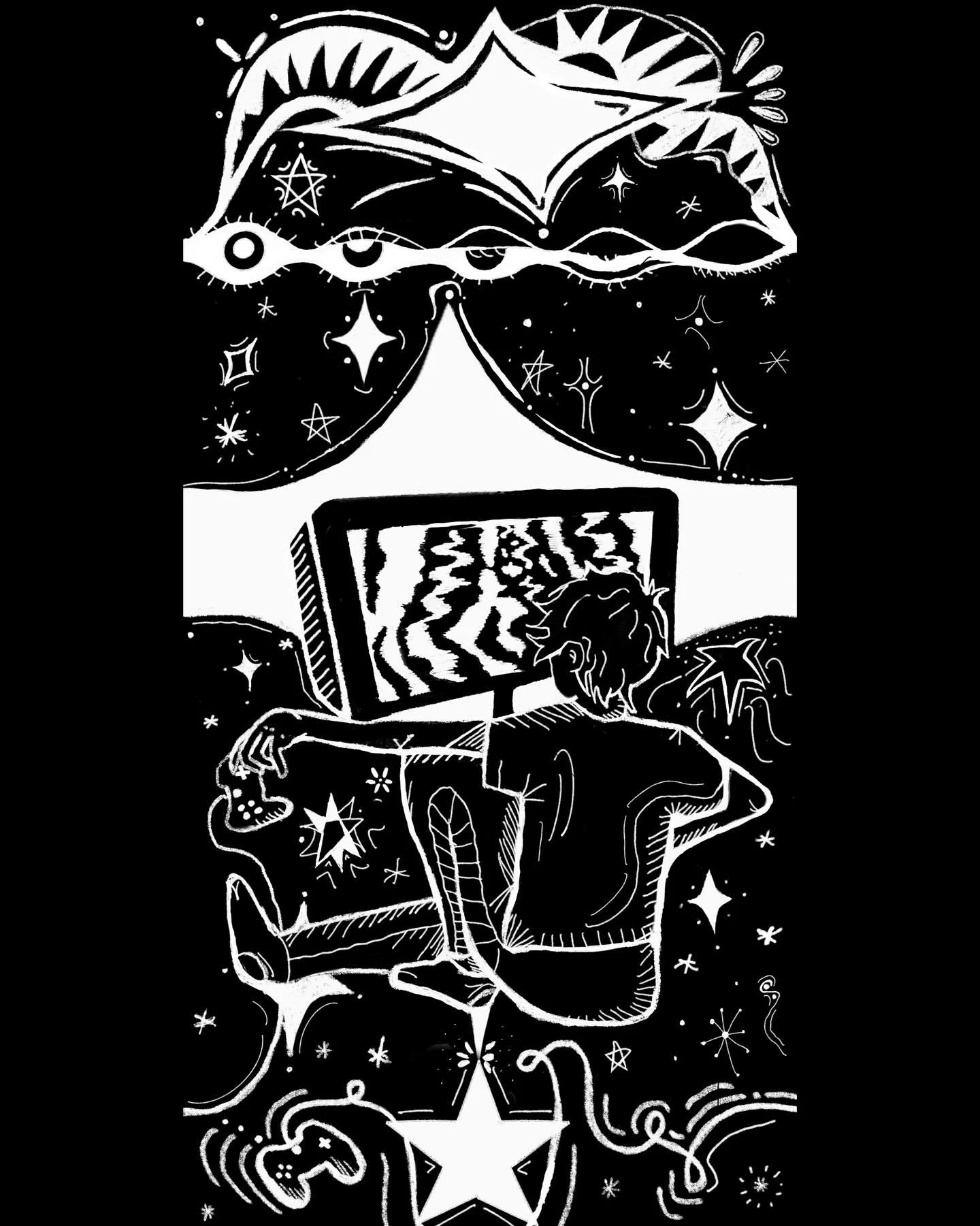 &ldquo;Lost in Static&rdquo;
2025
Digital Drawing. 5x10 inches.
Made for Printmaking,
 Myriorama project.
Reposting because I decided I wasn&rsquo;t done yet 💀